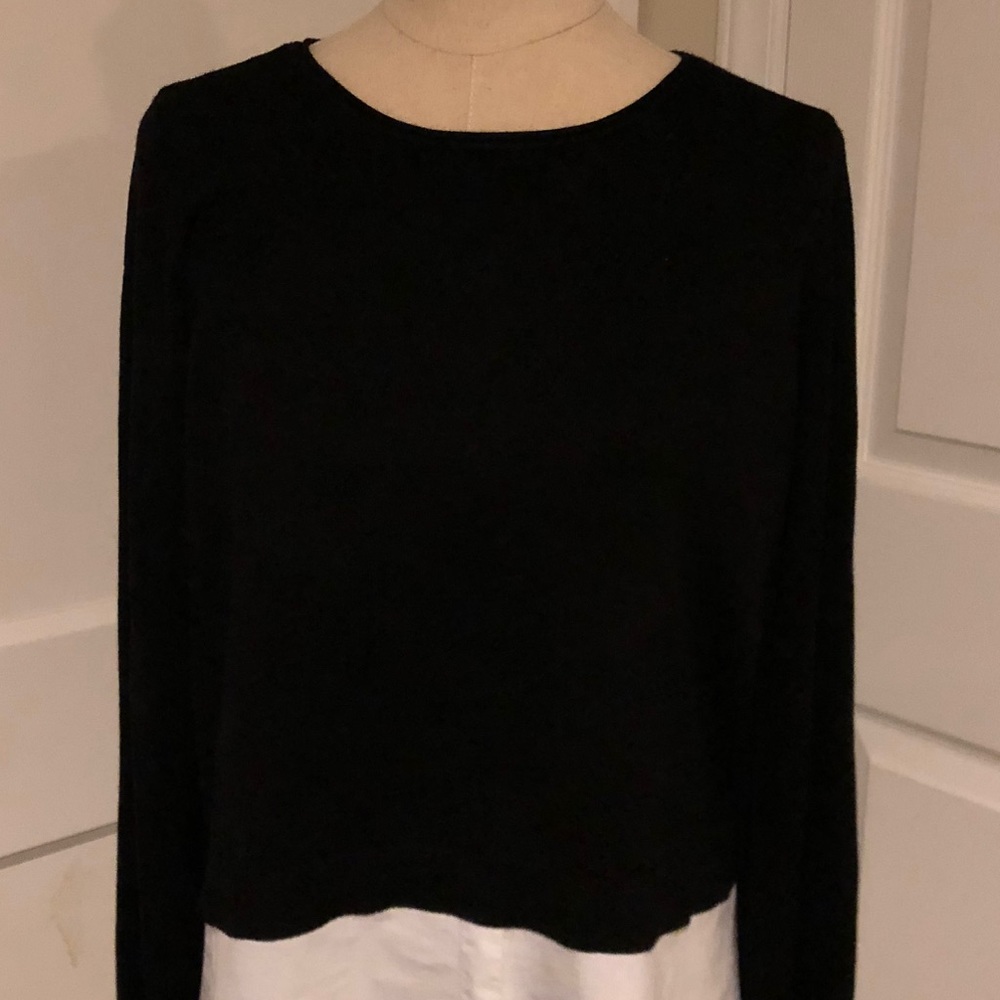 Tunic style sweater w/attached woven shirt